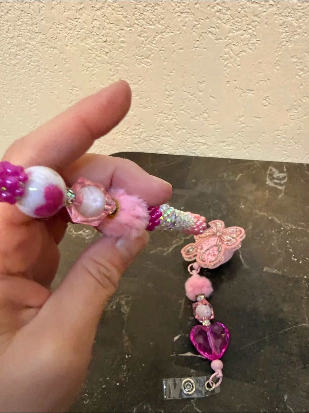 Pink Stethoscope and Hearts Rhinestone Beaded Pen and Matching Badge Reel Set
